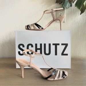 Schutz “Verniz Oyster” Patent Leather Mid Heel Sandals
